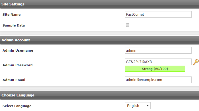 Configure site and admin settings for Concrete5 installation