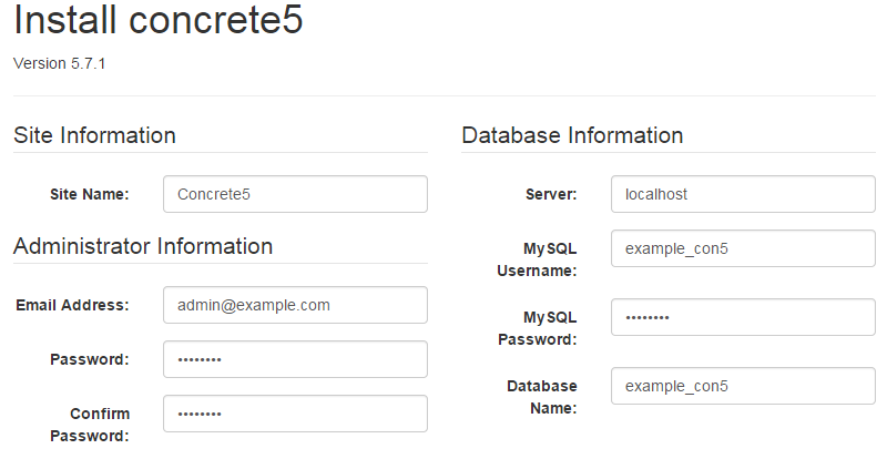 Site and database configuration during Concrete5 installation