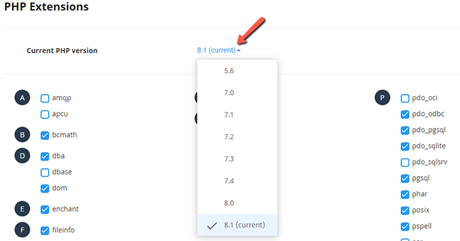 Choose PHP Version from Drop Down