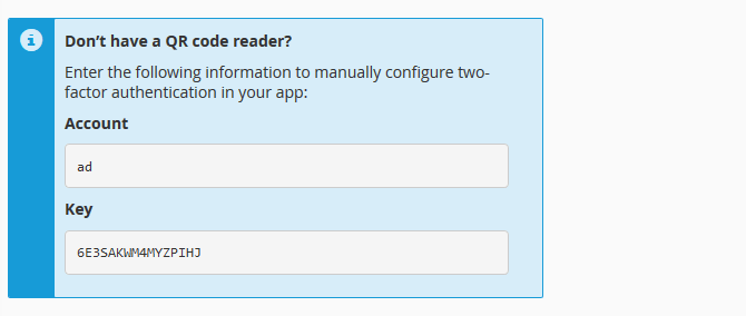 cPanel Two-factor Authentication Key Code