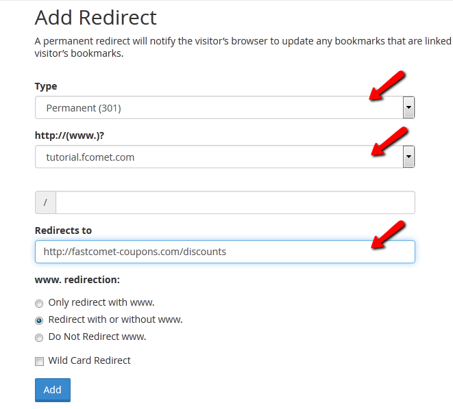 redirect types in cpanel