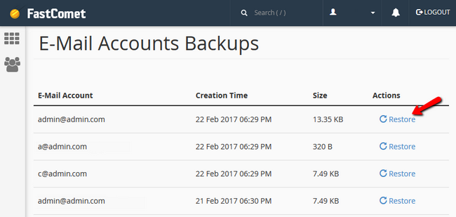 Selecting which e-mail account you wish to restore from the backups