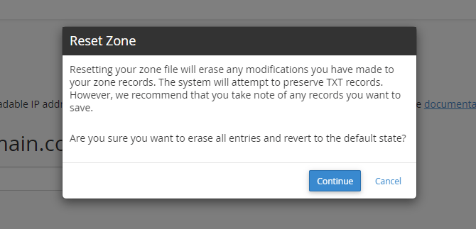 Confirm a DNS Zone Reset via the Zone Editor in cPanel