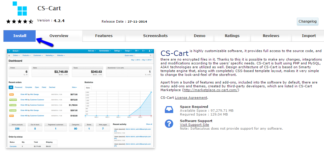 CS-Cart overview in Softaculous