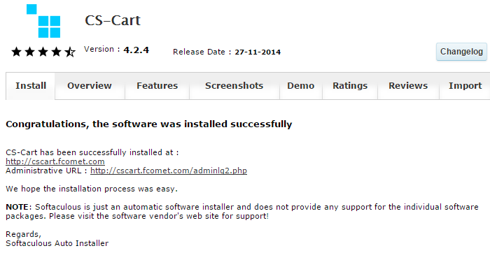 CS-Cart successfully installed via Softaculous