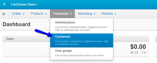 Access customers manager in CS-Cart
