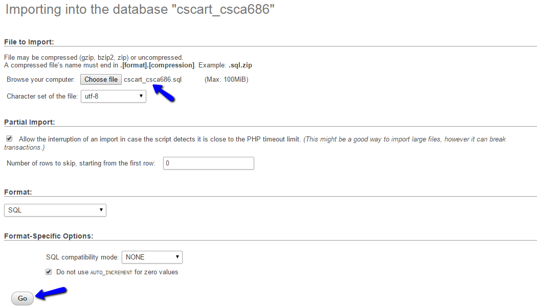 Import database via phpMyAdmin