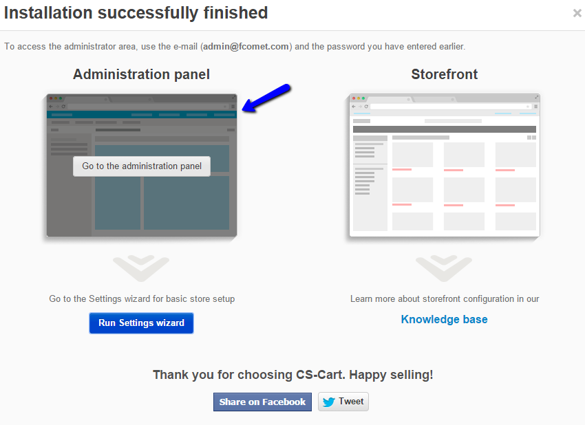 CS-Cart Installation Successfully Completed