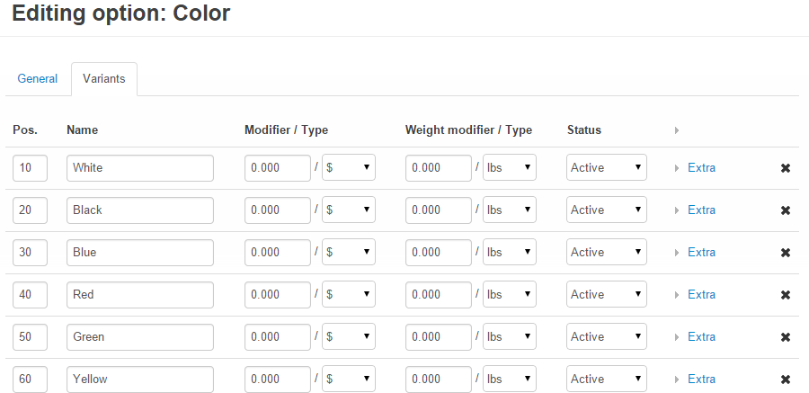 Edit product option variants in CS-Cart