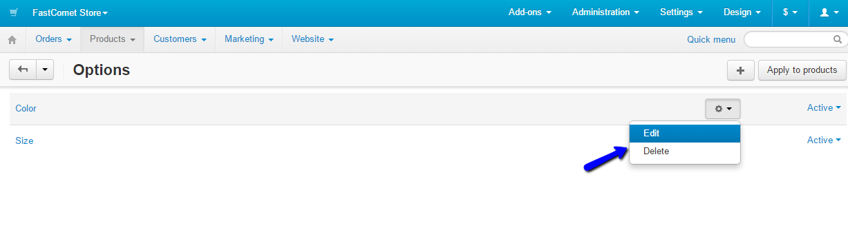 Edit or delete product options in CS-Cart