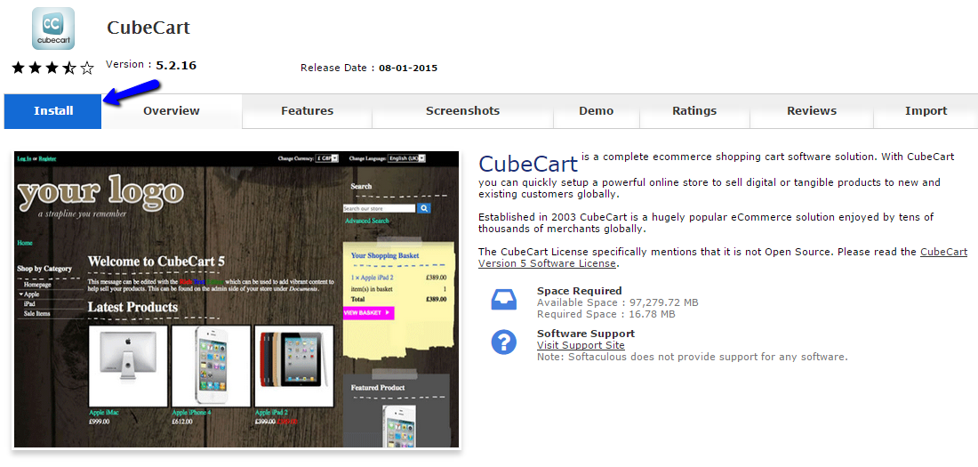 Install CubeCart via Softaculous