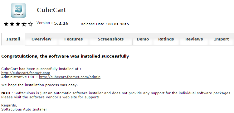 Successful CubeCart installation via Softaculous