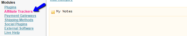 Access affiliate trackers in CubeCart