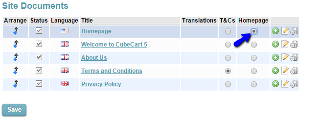 Set document as homepage in CubeCart