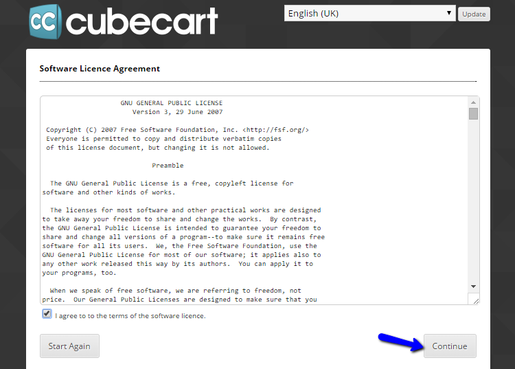 Licence agreement during CubeCart install