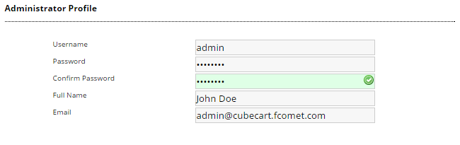 Administrator profile during CubeCart install