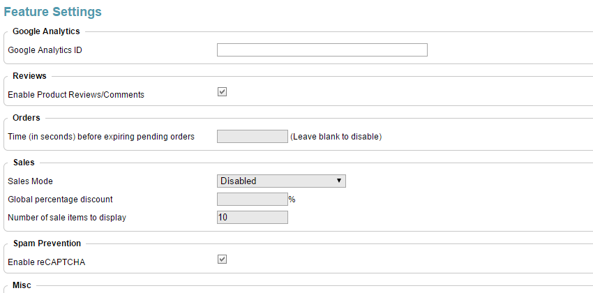 Features configuration in CubeCart