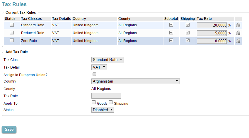 Tax rules configuration in CubeCart