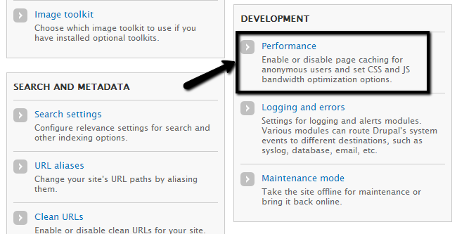 Access performance settings in Drupal