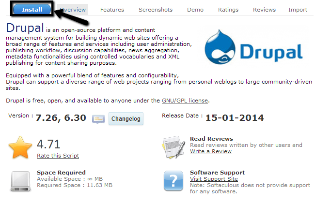 Softaculous overview of Drupal