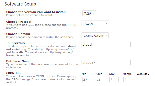 Drupal software setup via Softaculous