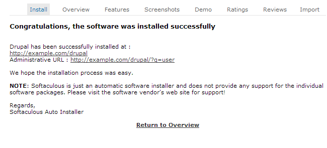 Drupal installation successfully completed via Softaculous