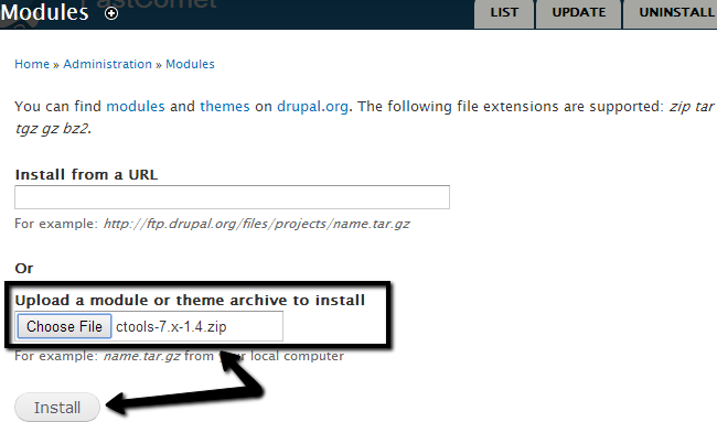 Upload module package for installation in Drupal