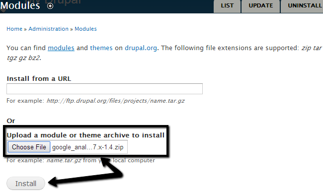 Upload module package in Drupal