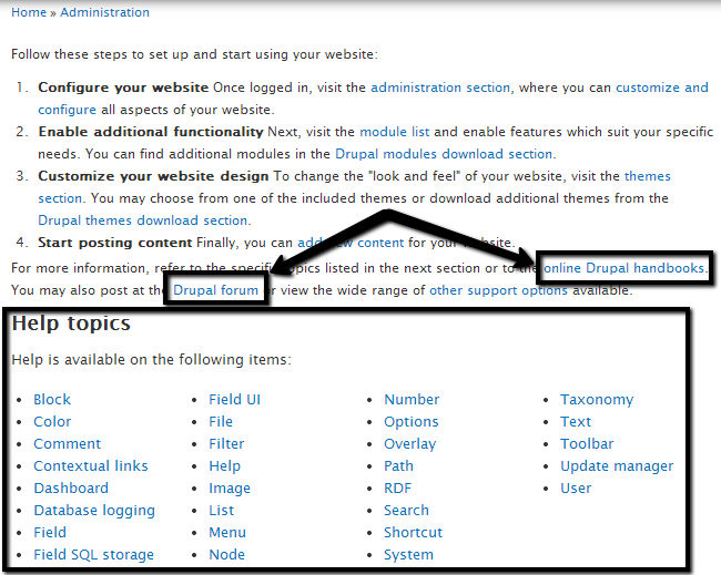 Access Drupal forums and handbooks
