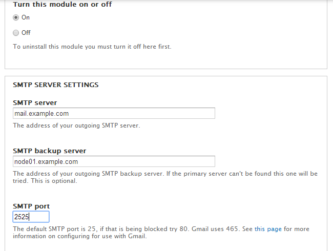 Configuration options for SMTP module in Drupal