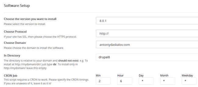 Configuring the Drupal 8 install in Softaculous