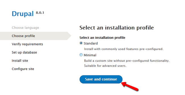 Selecting a Drupal 8 installation profile