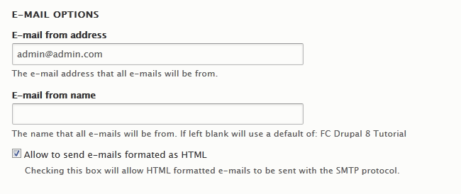 Configuring the E-mail options in Drupal 8