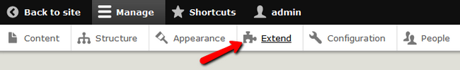 Navigating to the Extend menu in Drupal 8