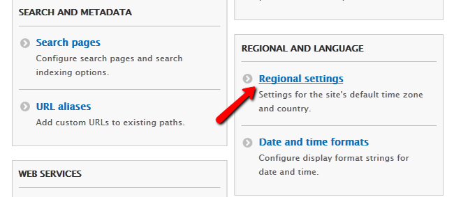 Opening the Regional Settings for Drupal 8