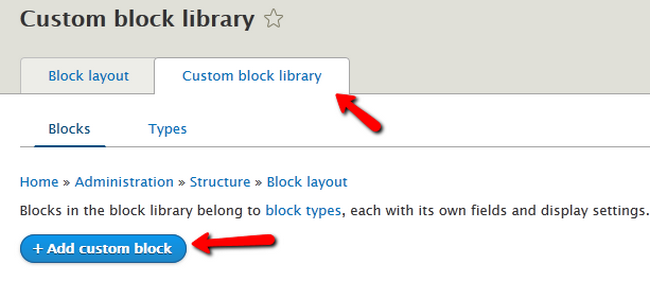 Opening the Custom block library of Drupal 8