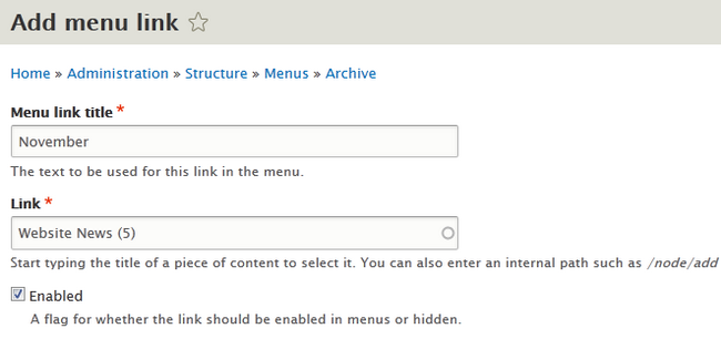 Configuring a Menu link in Drupal 8