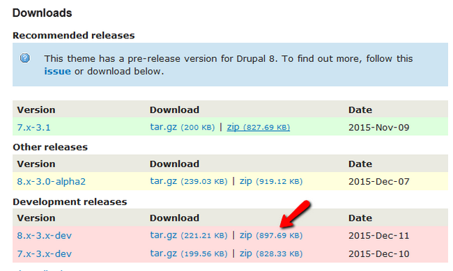 Downloading the correct Theme version for your Drupal 8 website