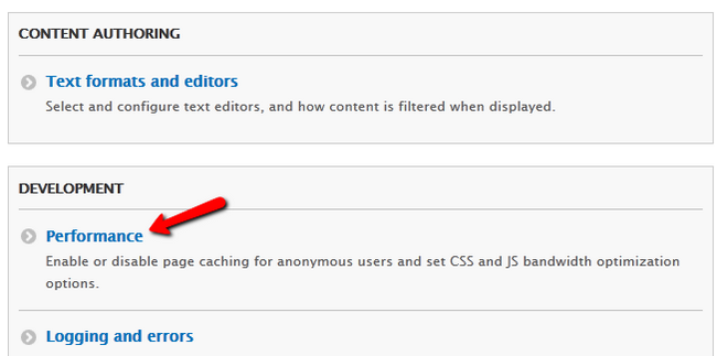 Navigating to the Performance section in Drupal 8