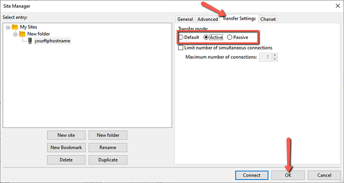 Select FileZilla Transfer Mode