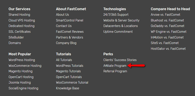 Access the FastComet Affiliate Program via the Website Footer