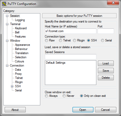 Open PuTTY Configuration