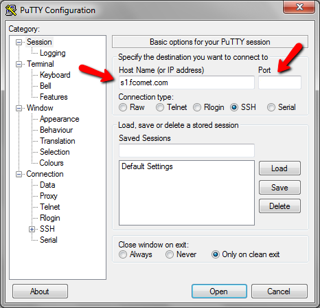Port and Server selection PuTTY