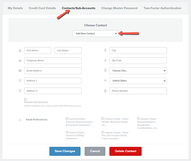 Fastcomet Sub-accounts Menu