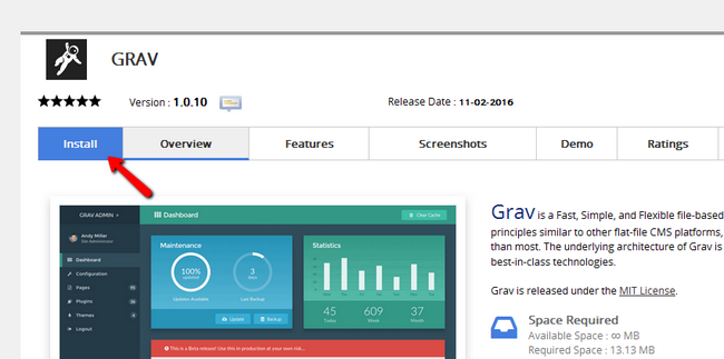 Selecting the Install option for Grav