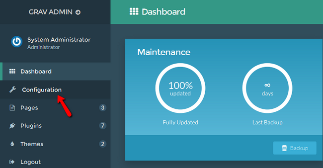 Accessing the configuration menu in Grav