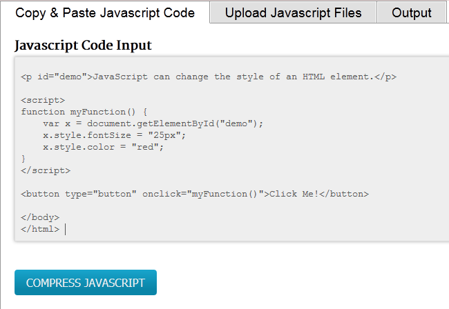 Pasting a JavaScript ready to be minified
