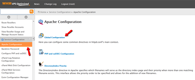 Accessing the Apache Configuration Menu