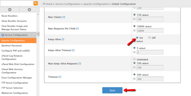 Enabling the Keep-Alive option in the Global Configuration for Apache