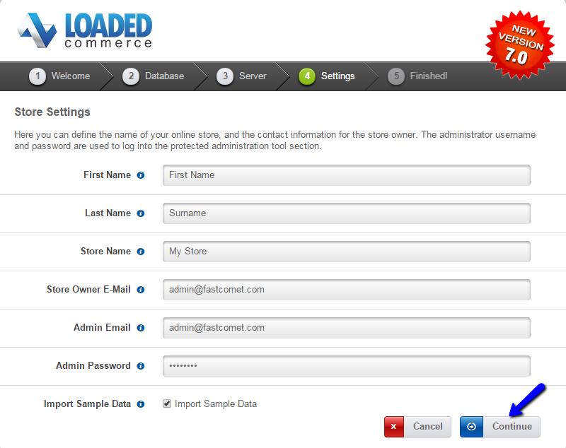 Loaded Commerce installation admin account setup